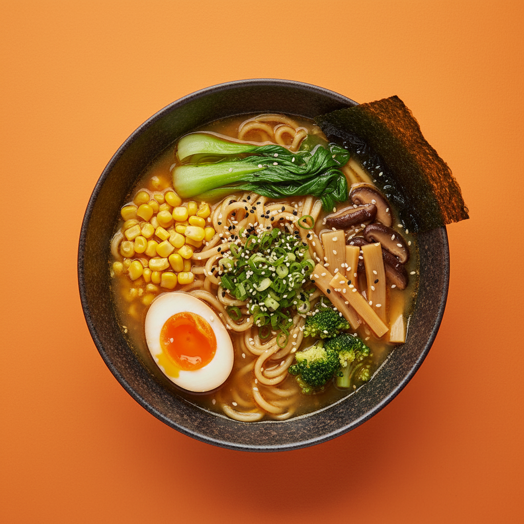 Vegetarian ramen bowl with miso broth, soft-boiled egg, corn, bok choy, mushrooms and nori on a warm orange background