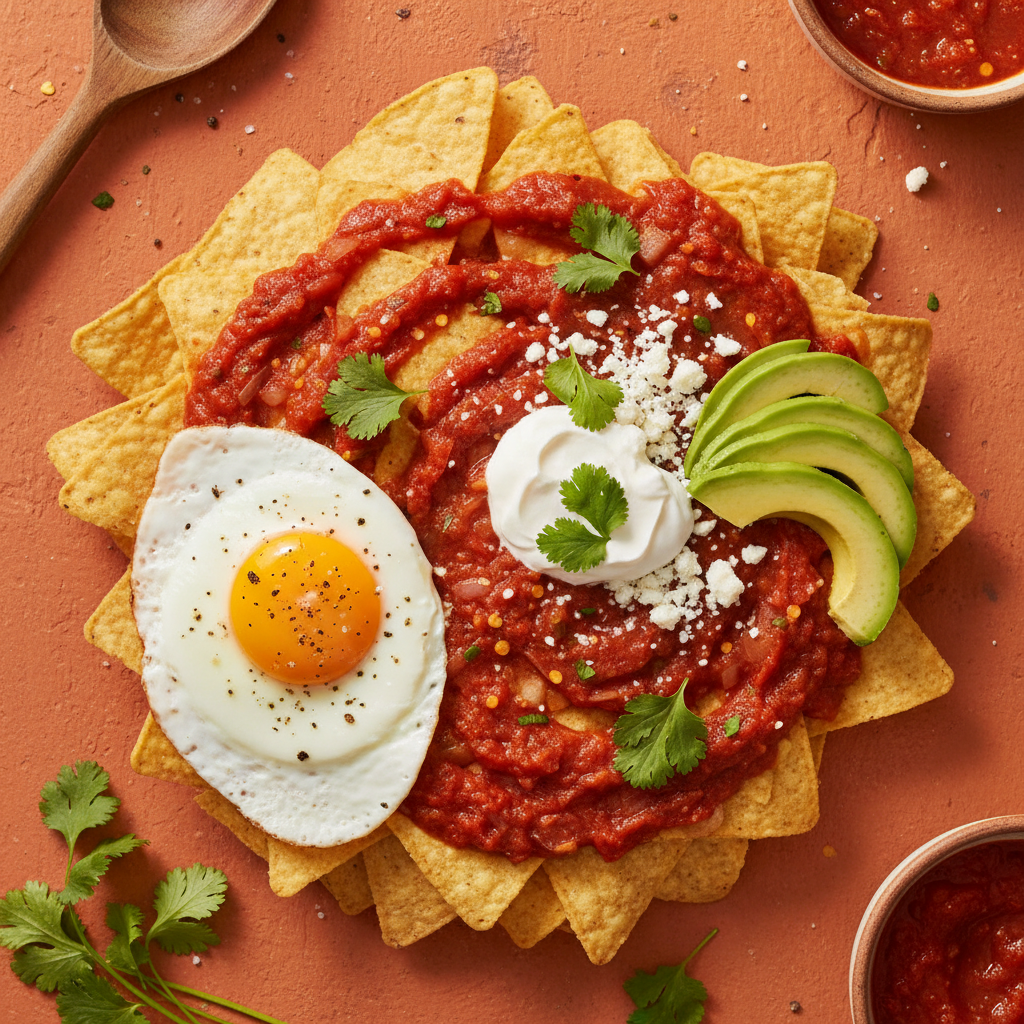 Chilaquiles ingredients flat-lay on warm orange background