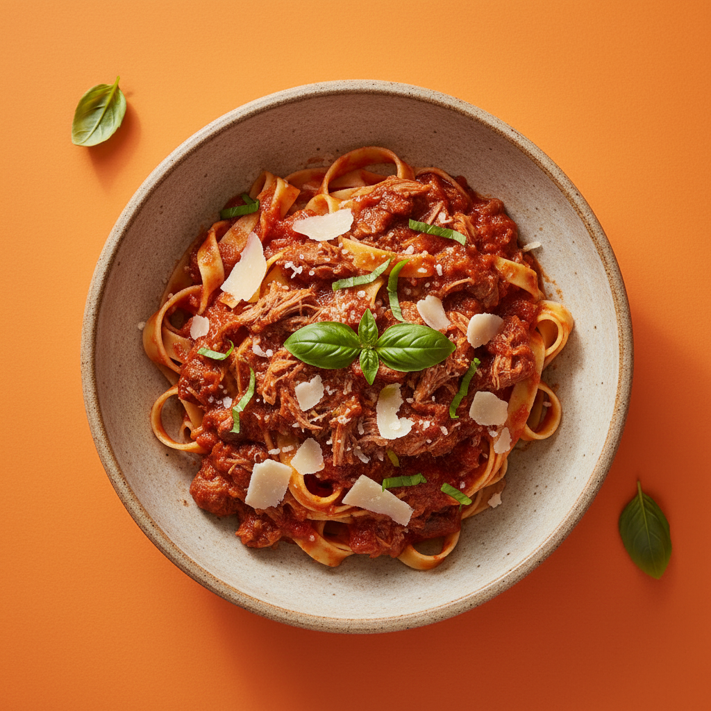 Slow-braised lamb ragu over pappardelle pasta with basil, parmesan and olive oil on a warm orange background