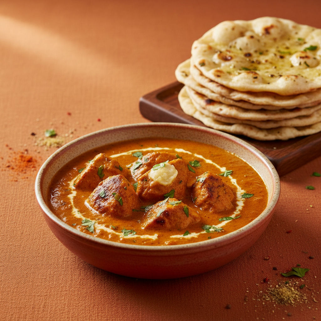 Butter Chicken 45-degree angle shot on warm orange background