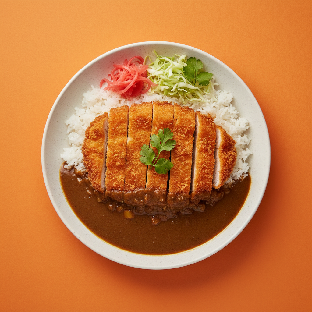 Golden panko-breaded chicken katsu with curry sauce over steamed rice, garnished with pickled ginger and coriander on a warm orange background