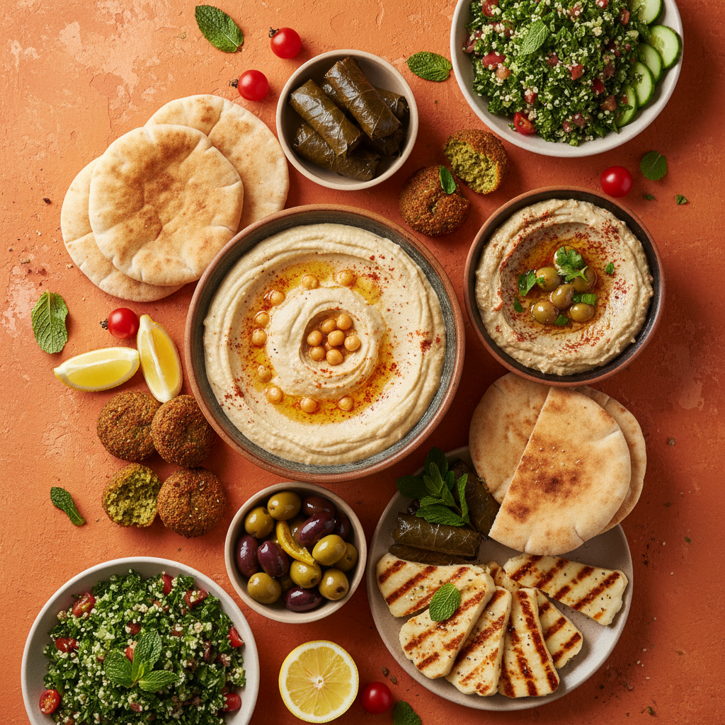 Meze platter ingredients flat-lay on warm orange background