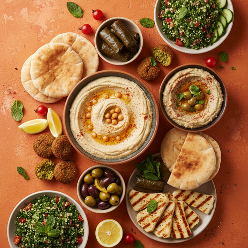 Meze platter ingredients flat-lay on warm orange background
