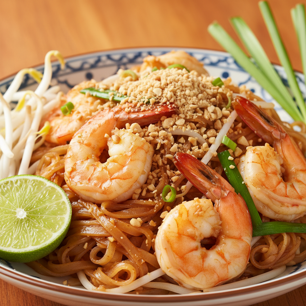 Pad Thai 45-degree angle shot on warm orange background