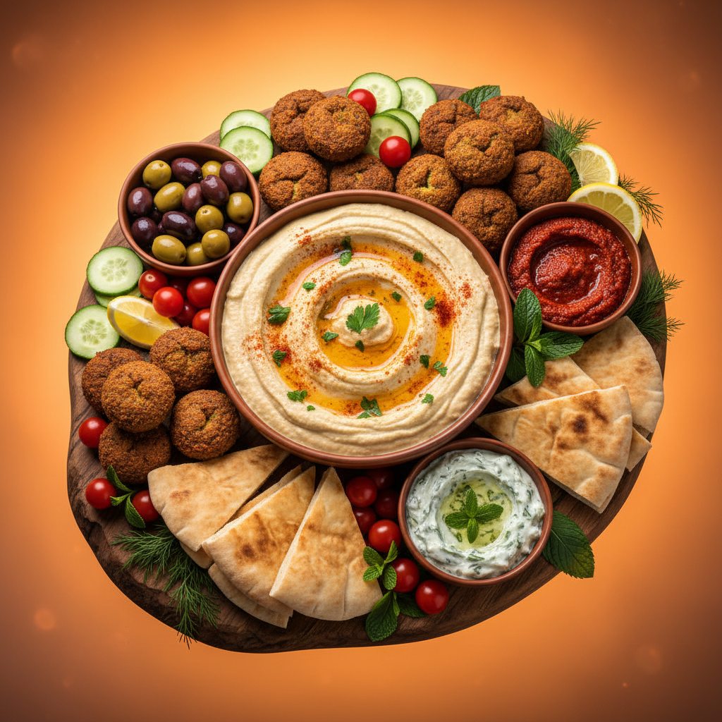 Meze platter 45-degree angle shot on warm orange background