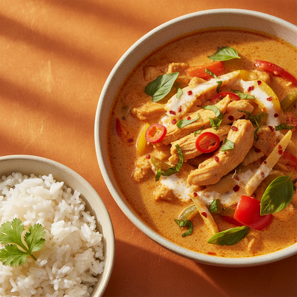 Thai Red Curry 45-degree angle shot on warm orange background