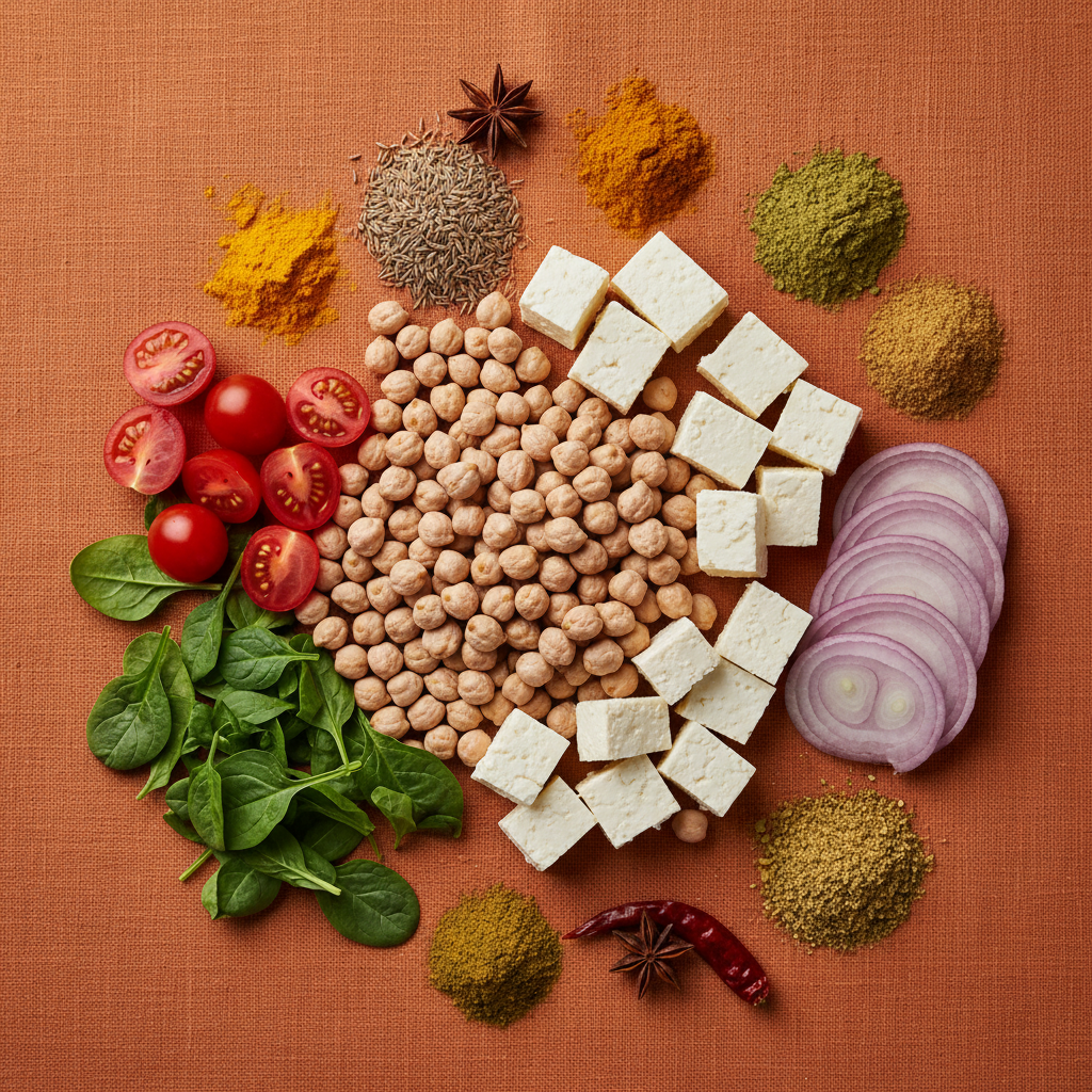 Chana and Paneer ingredients flat-lay on warm orange background