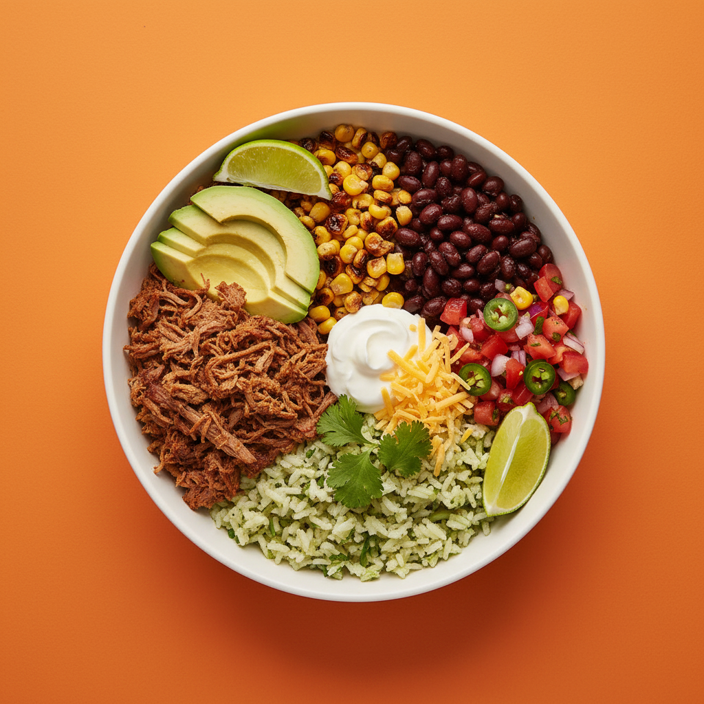 Lamb burrito bowl with spiced lamb, cilantro rice, black beans, avocado, pico de gallo and lime on a warm orange background