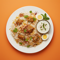 Hyderabadi lamb biryani with saffron basmati rice, spiced lamb, caramelised onions, mint and coriander on a warm orange background