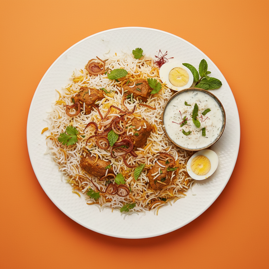 Hyderabadi lamb biryani with saffron basmati rice, spiced lamb, caramelised onions, mint and coriander on a warm orange background