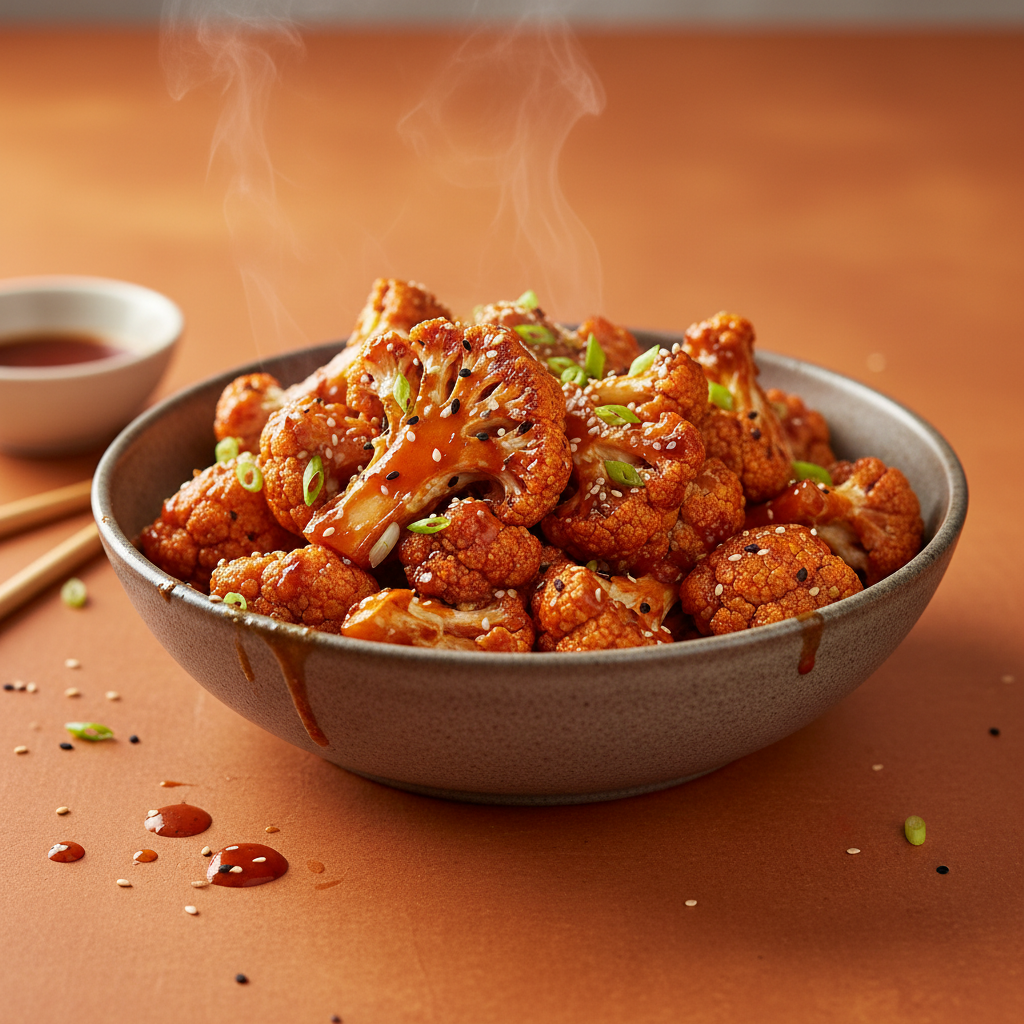 Gochujang Cauliflower 45-degree angle shot on warm orange background