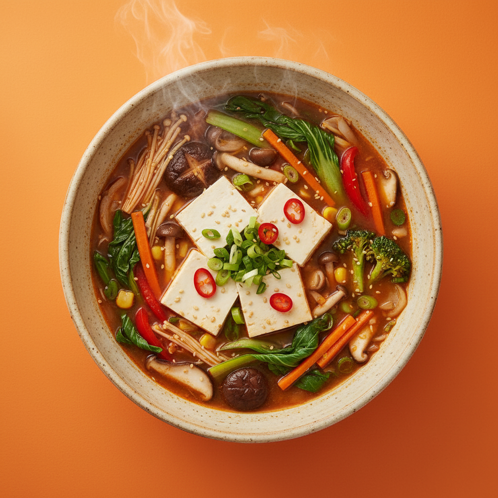 Vibrant tofu hotpot with silken tofu, mushrooms, bok choy and vegetables in rich broth on a warm orange background