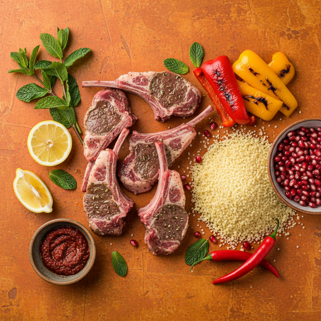 Grilled Lamb and Couscous ingredients flat-lay on warm orange background