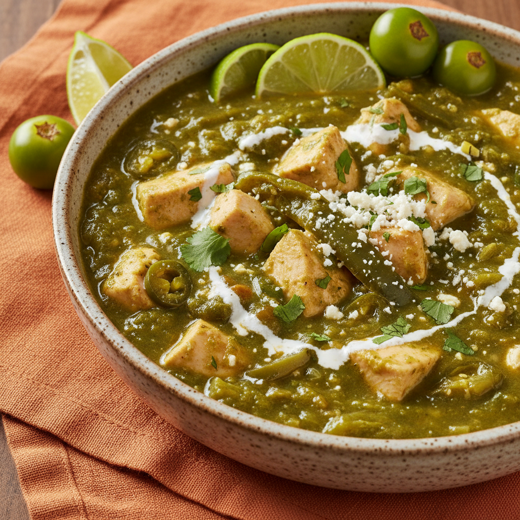 Chicken Chilli Verde 45-degree angle shot on warm orange background