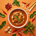 Thai red curry centrepiece surrounded by dried red chillies, lemongrass, kaffir lime leaves, galangal and Thai basil on a warm orange background