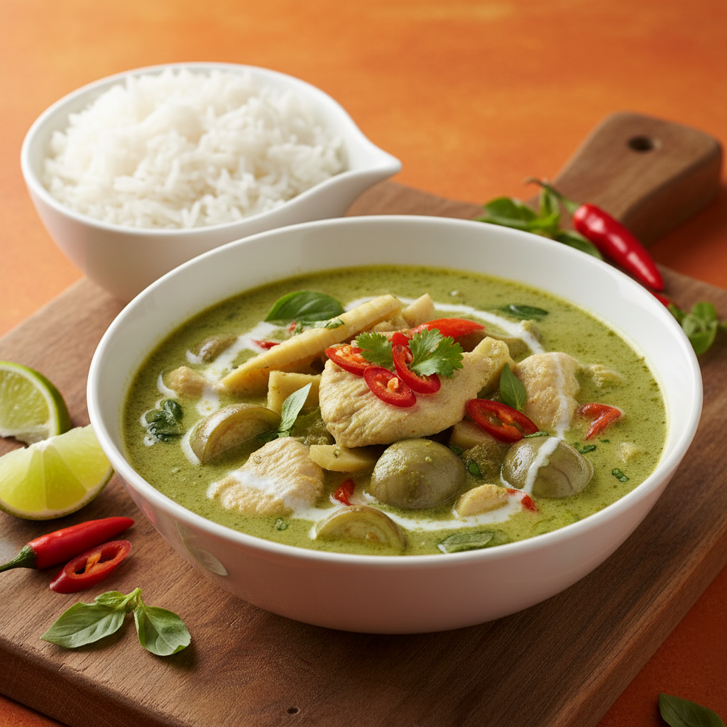 Thai Green Curry 45-degree angle shot on warm orange background