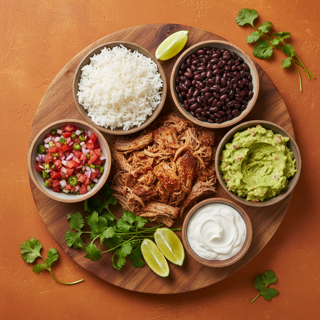 Lamb Burrito Bowl ingredients flat-lay on warm orange background