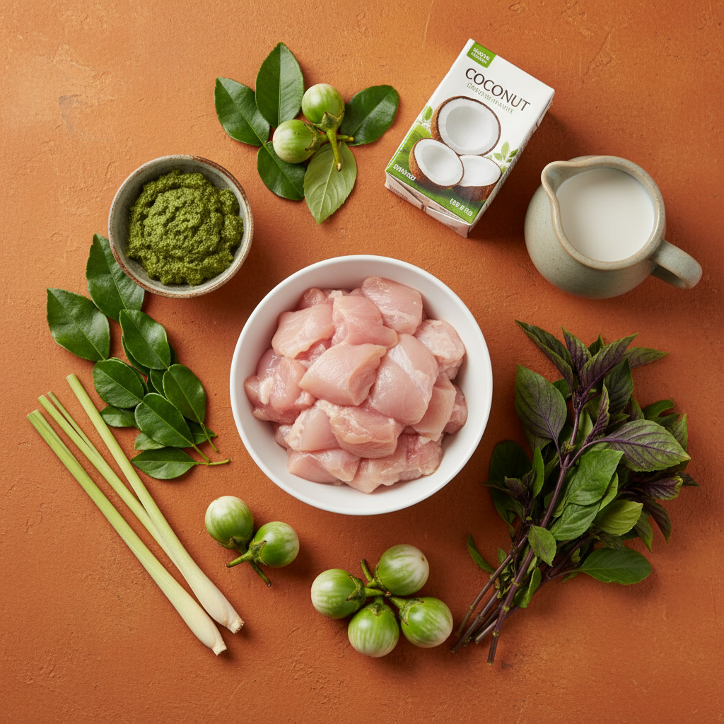 Thai Green Curry ingredients flat-lay on warm orange background
