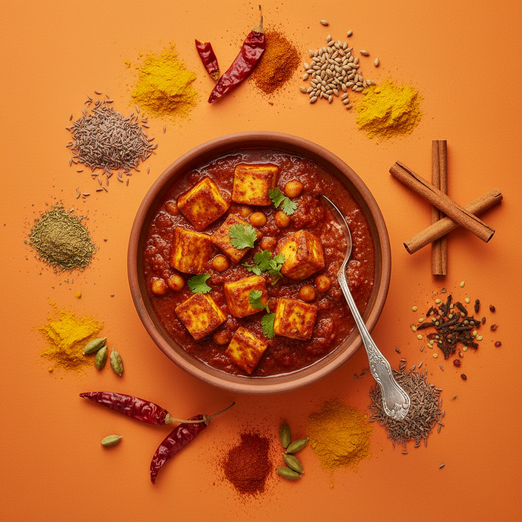 Chana and paneer centrepiece surrounded by colourful spices including turmeric, cumin, cardamom and dried chillies on a warm orange background