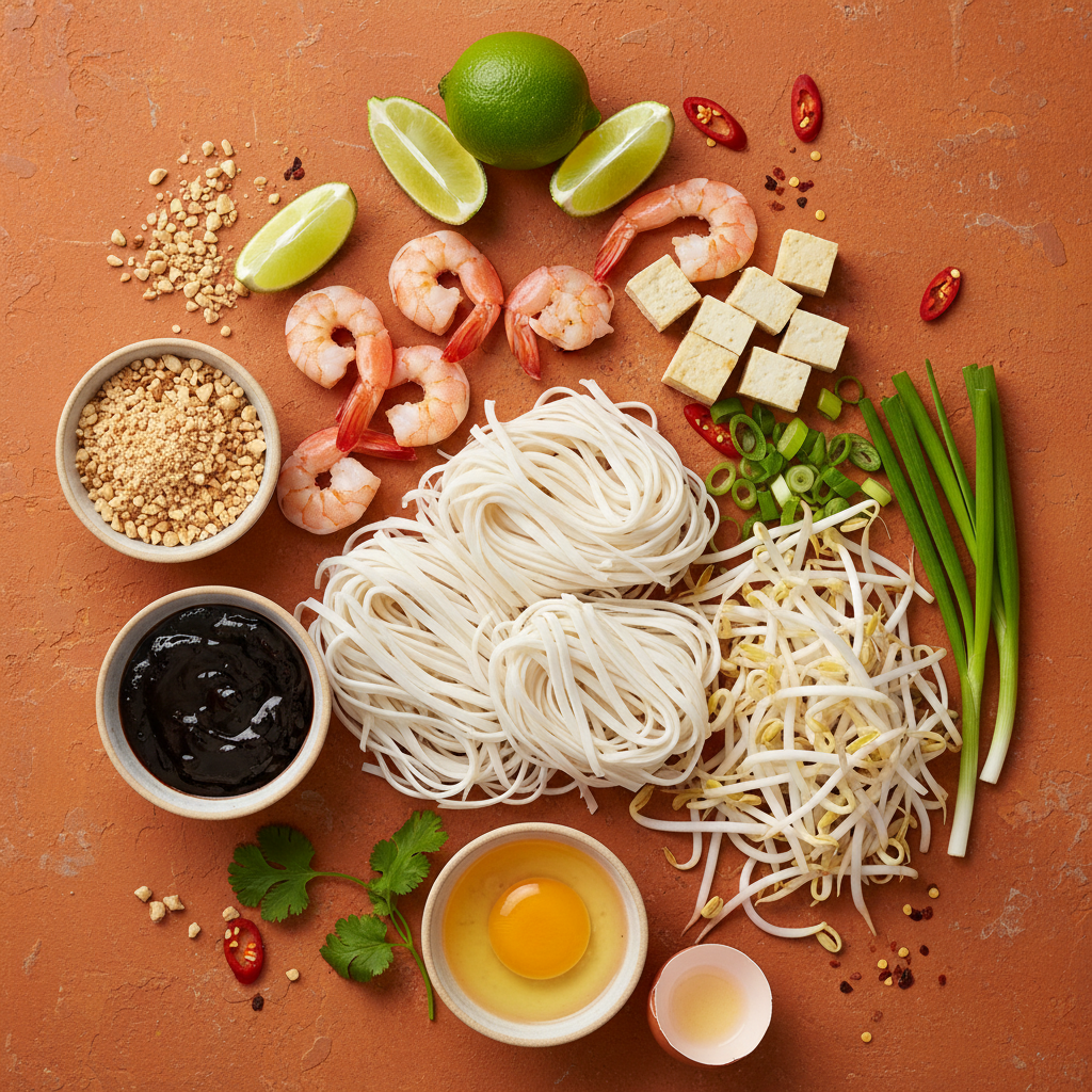 Pad Thai ingredients flat-lay on warm orange background