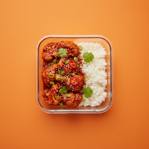 Crispy gochujang cauliflower with rice, sesame seeds, spring onions and coriander on a warm orange background
