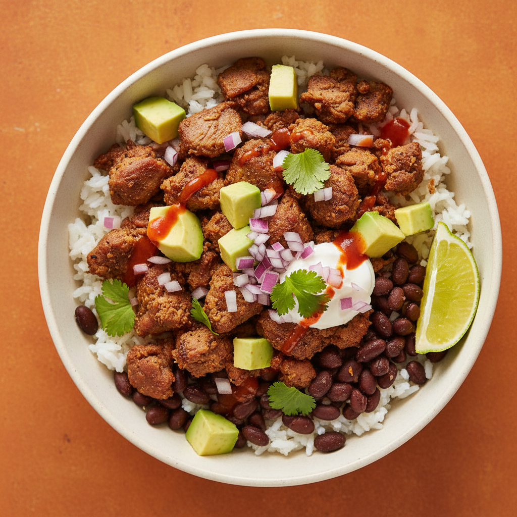 Lamb Burrito Bowl 45-degree angle shot on warm orange background