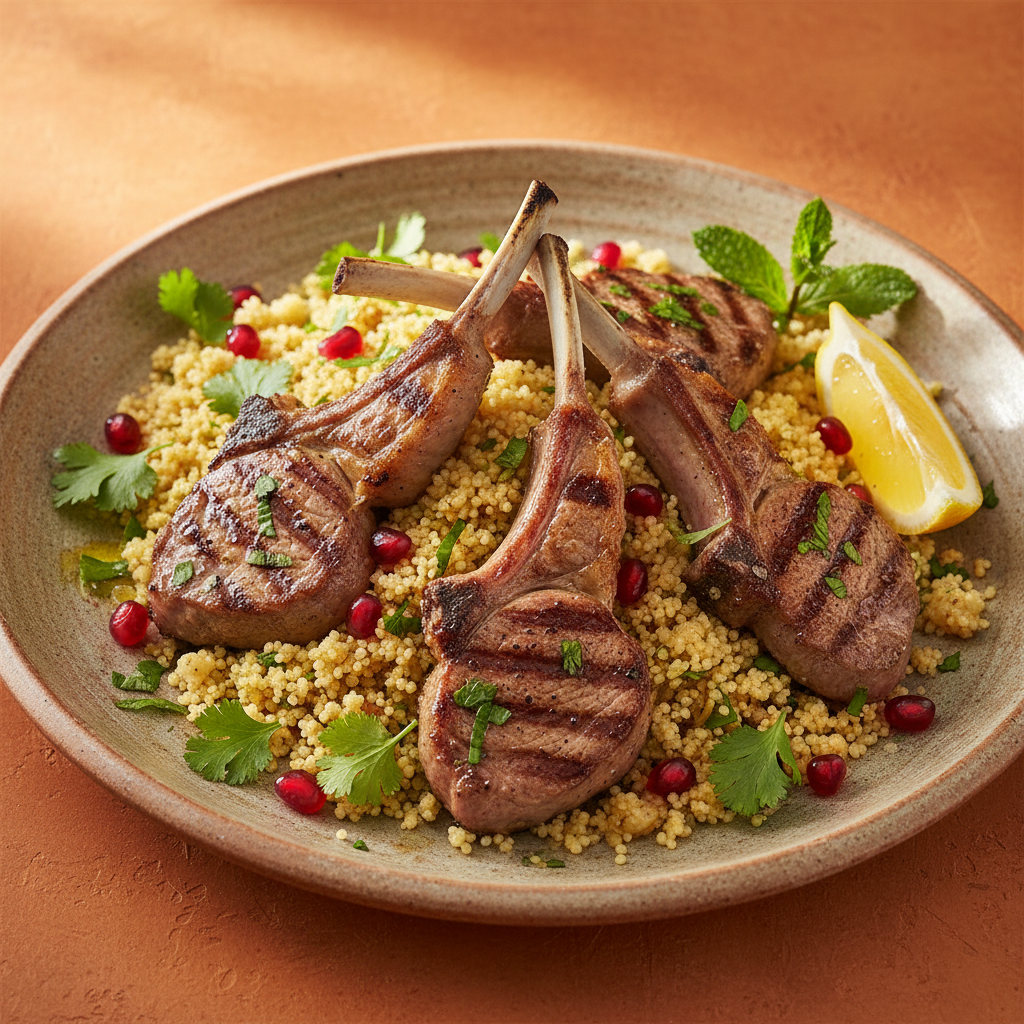 Grilled Lamb and Couscous 45-degree angle shot on warm orange background