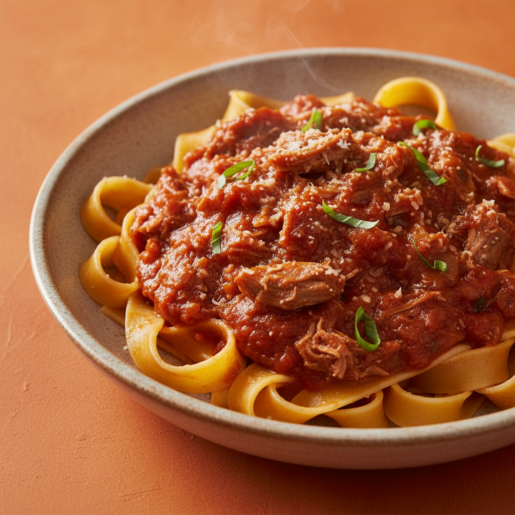 Lamb Ragu 45-degree angle shot on warm orange background