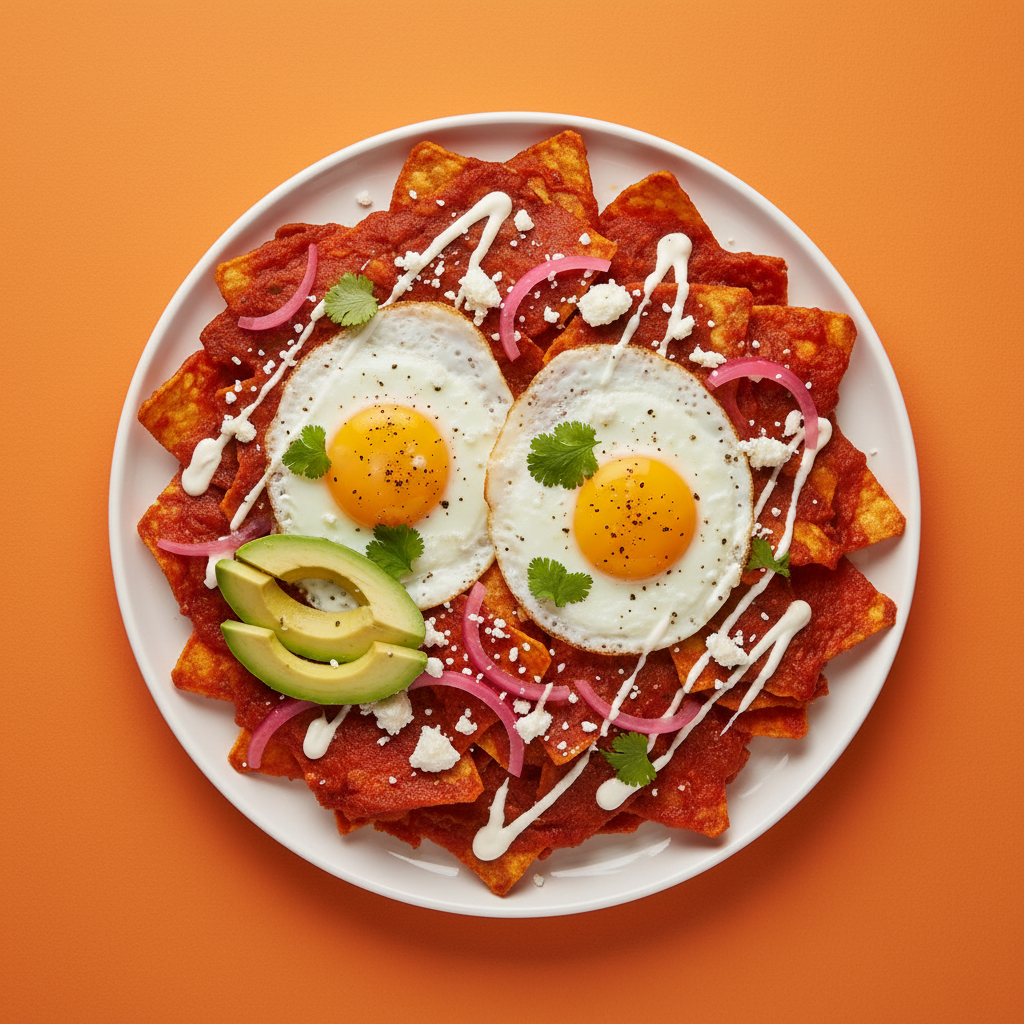 Chilaquiles with tortilla chips in red salsa, fried eggs, queso fresco, avocado and coriander on a warm orange background