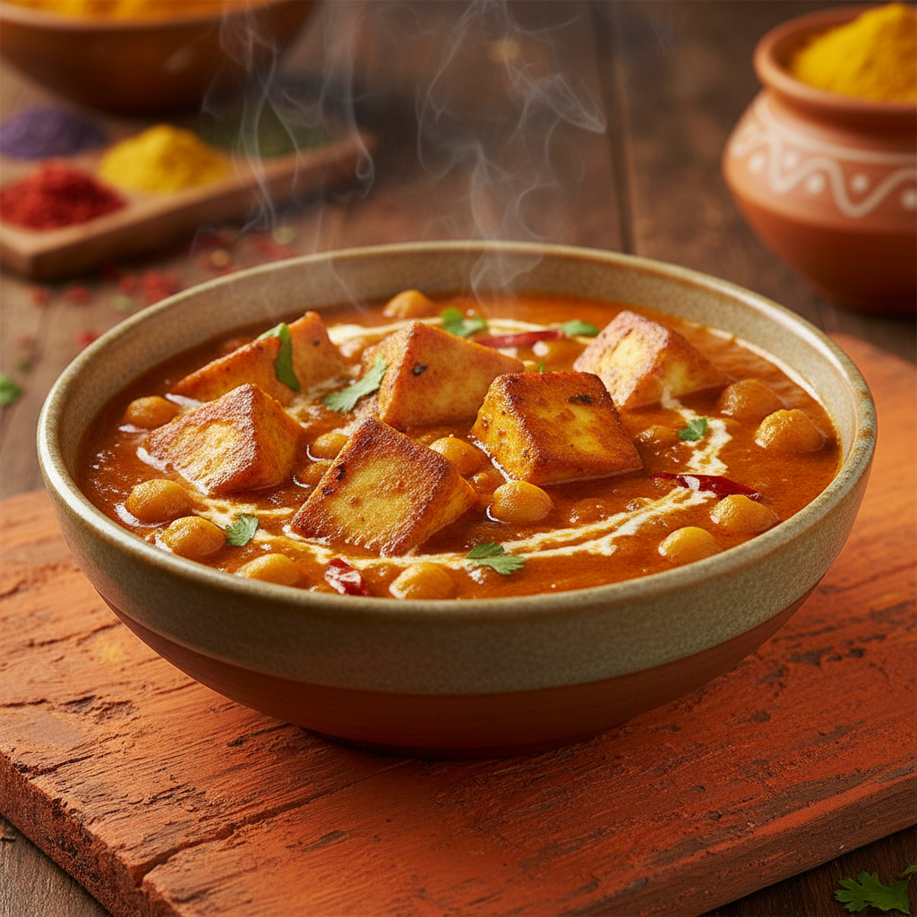 Chana and Paneer 45-degree angle shot on warm orange background