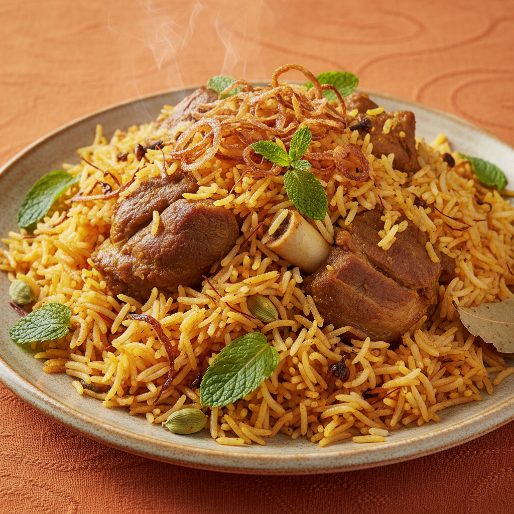 Hyderabadi Lamb Biryani 45-degree angle shot on warm orange background