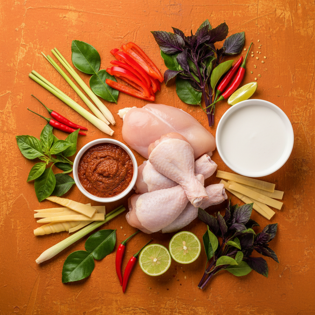 Thai Red Curry ingredients flat-lay on warm orange background