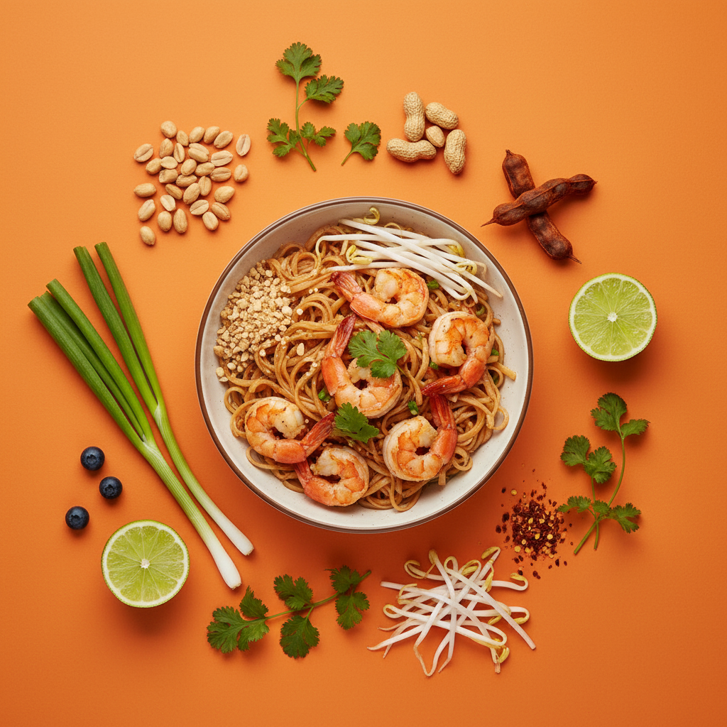 Pad Thai centrepiece surrounded by peanuts, bean sprouts, lime, tamarind, chilli flakes and coriander on a warm orange background