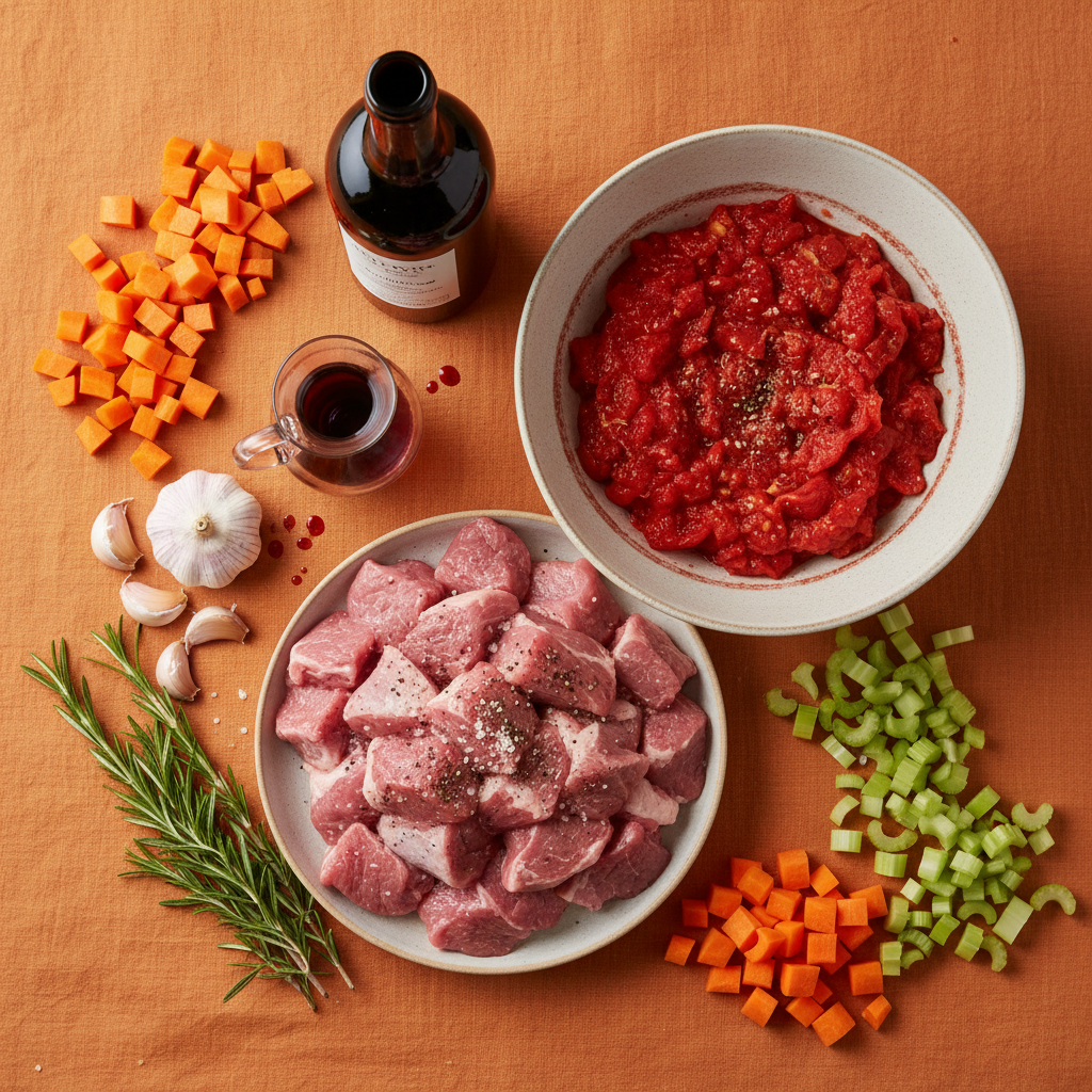 Lamb Ragu ingredients flat-lay on warm orange background
