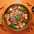 Sichuan-style lamb hotpot in rich spiced red broth with tofu, mushrooms, bok choy and glass noodles on a warm orange background