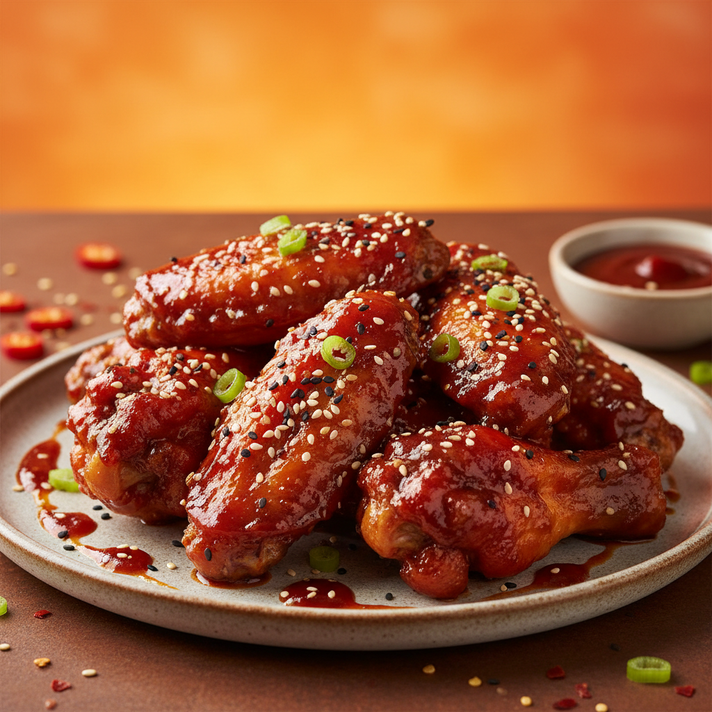 Gochujang Chicken Wings 45-degree angle shot on warm orange background
