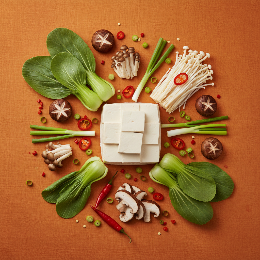 Tofu Hotpot ingredients flat-lay on warm orange background