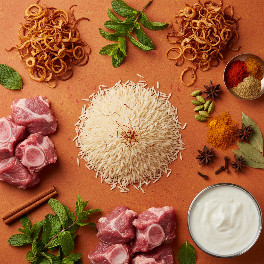 Hyderabadi Lamb Biryani ingredients flat-lay on warm orange background