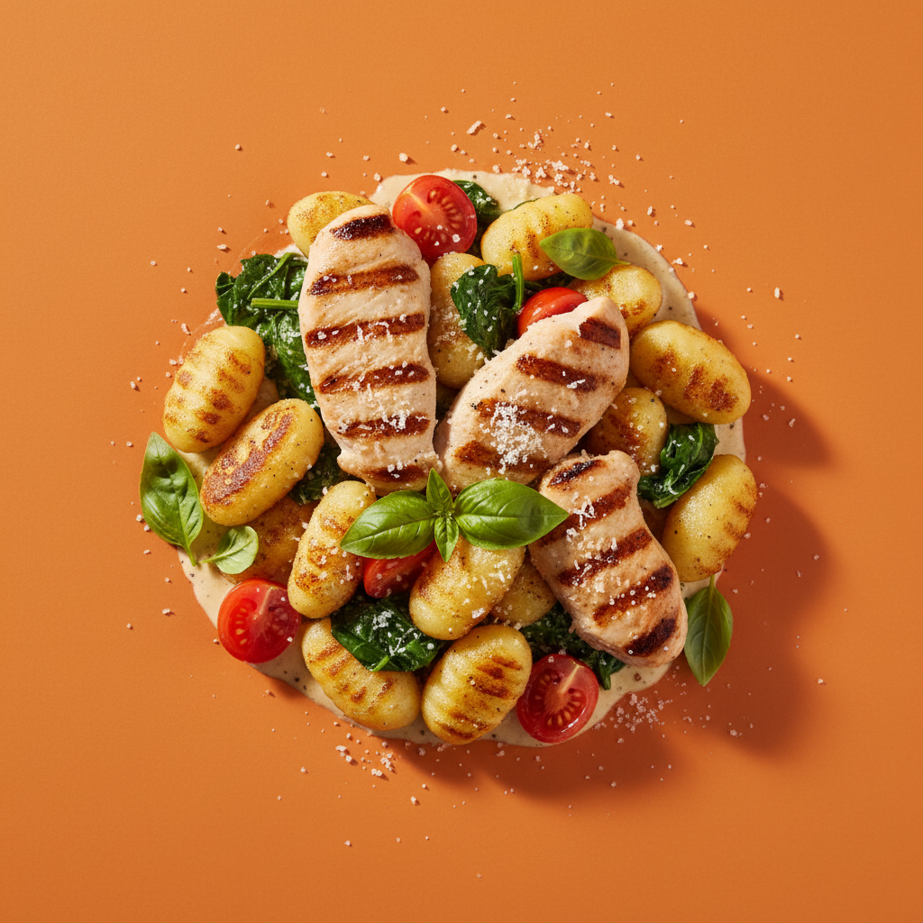 Grilled chicken with golden pan-seared gnocchi, spinach, cherry tomatoes and cream sauce on a warm orange background