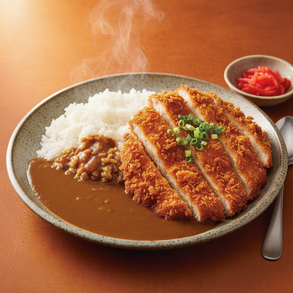 Katsu Chicken Curry 45-degree angle shot on warm orange background