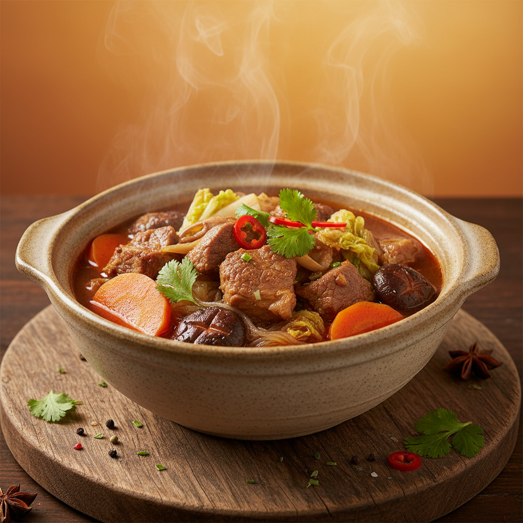 Lamb Hotpot 45-degree angle shot on warm orange background