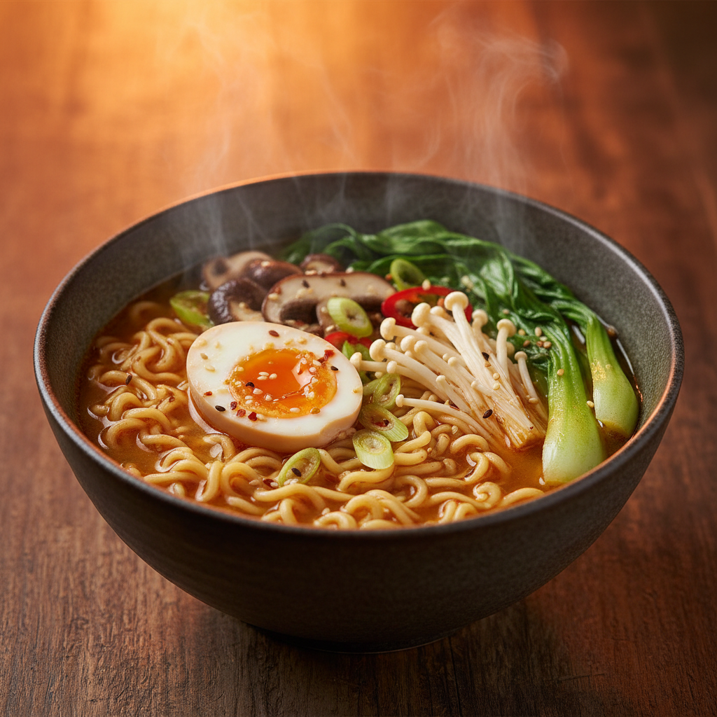 Veg Ramen Bowl 45-degree angle shot on warm orange background
