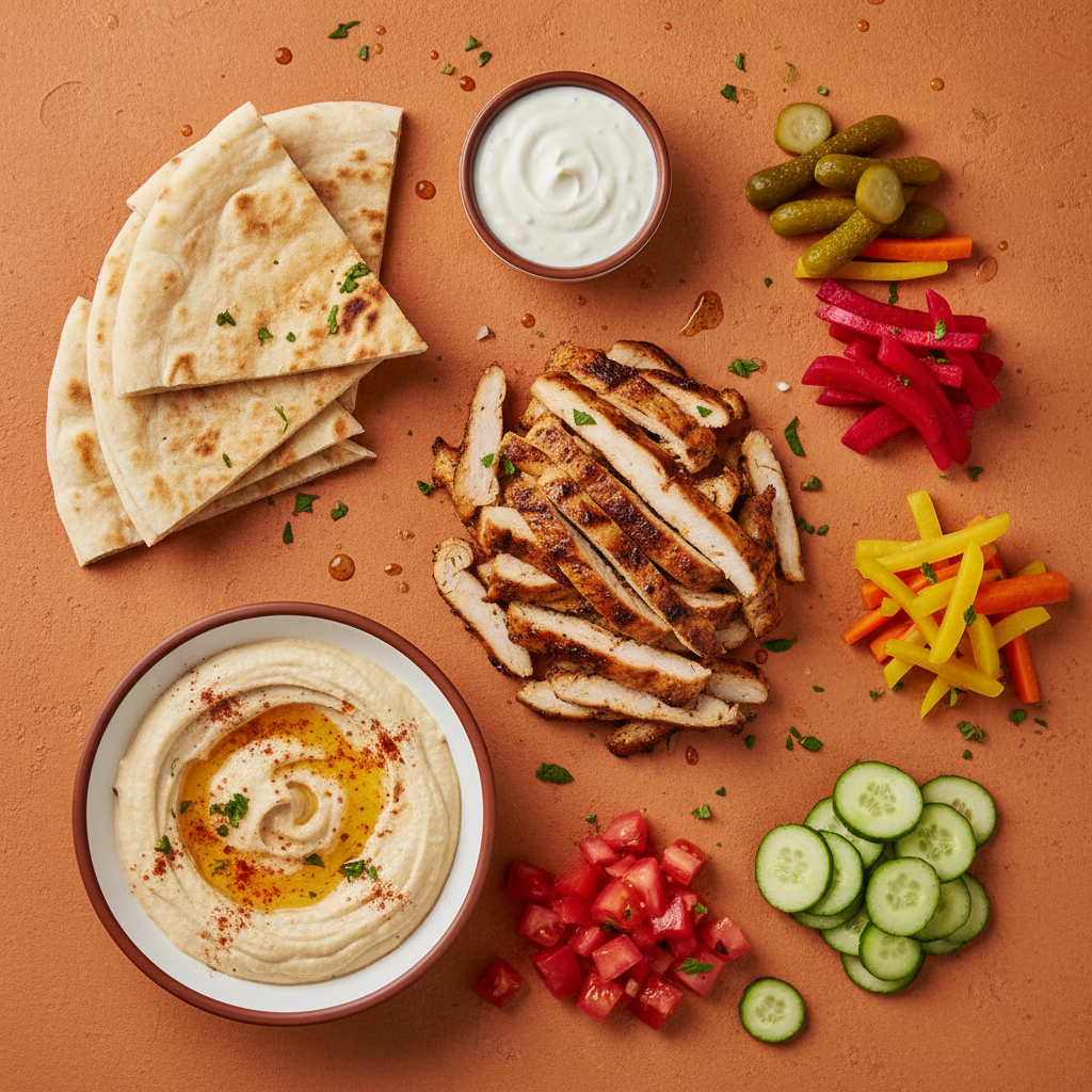 Shawarma Box ingredients flat-lay on warm orange background