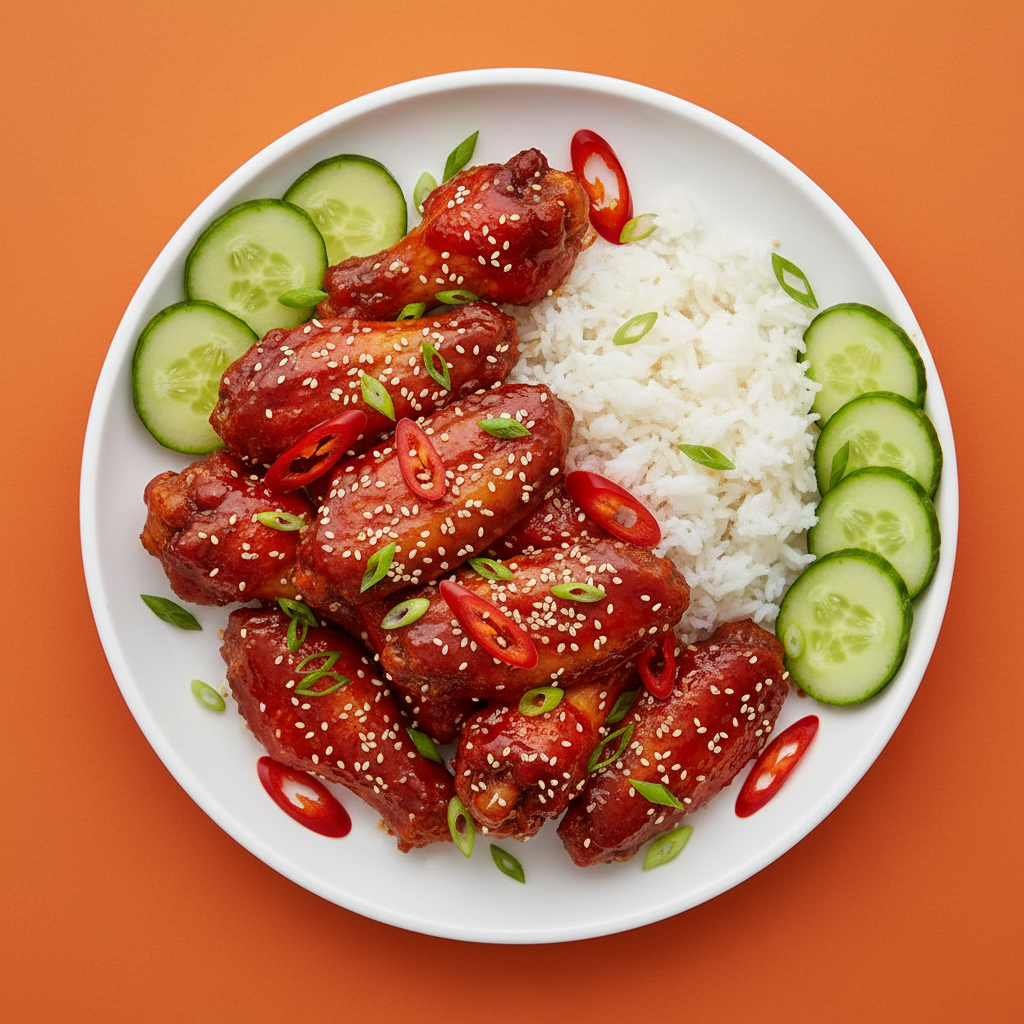 Sticky gochujang chicken wings with rice, sesame seeds, spring onions and chilli on a warm orange background