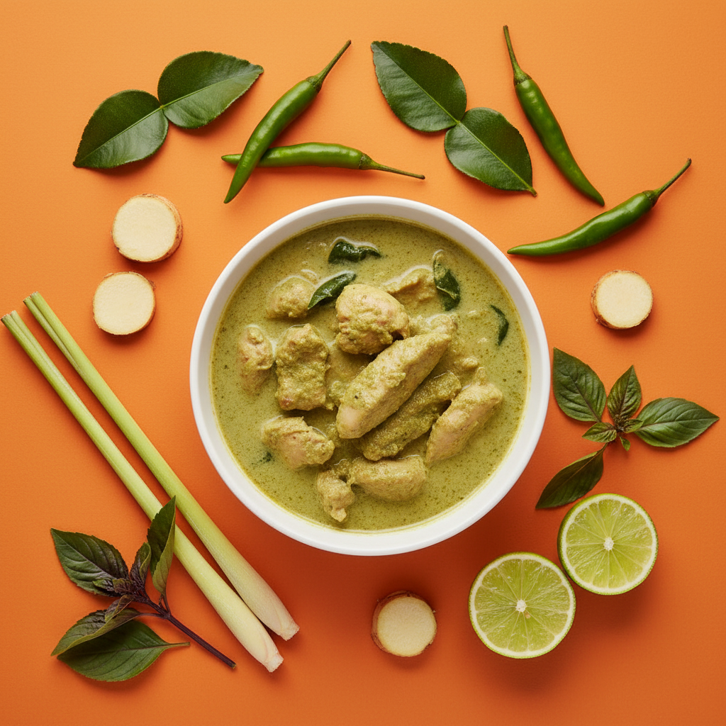 Thai green curry centrepiece surrounded by lemongrass, kaffir lime leaves, green chillies, galangal and Thai basil on a warm orange background