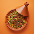 Marinated grilled lamb with vegetable couscous served in a traditional tagine on a warm orange background