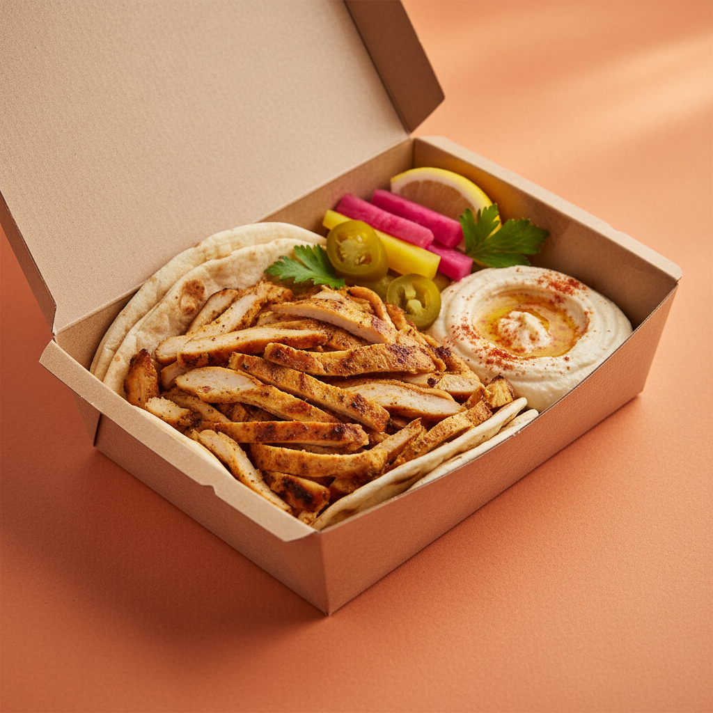 Shawarma Box 45-degree angle shot on warm orange background