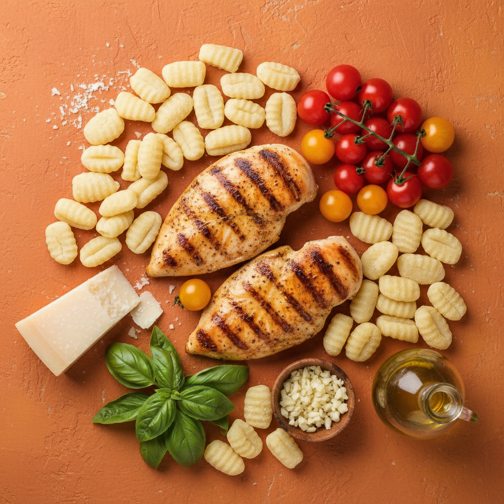 Grilled Chicken and Gnocchi ingredients flat-lay on warm orange background