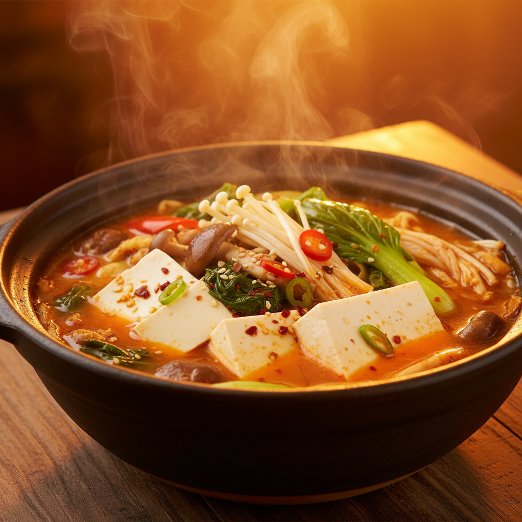 Tofu Hotpot 45-degree angle shot on warm orange background