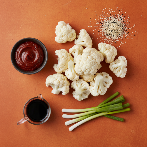 Gochujang Cauliflower ingredients flat-lay on warm orange background